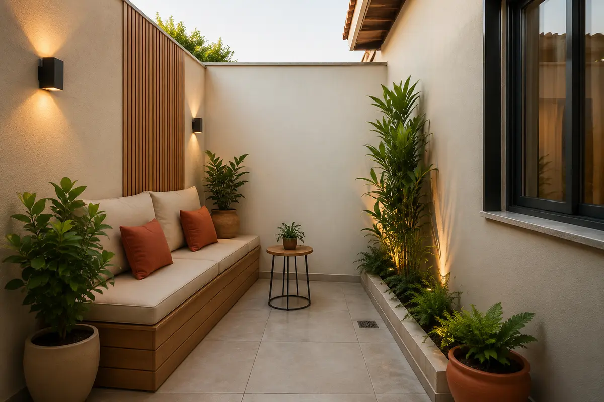 Área externa pequena com jardim, banco de madeira e plantas