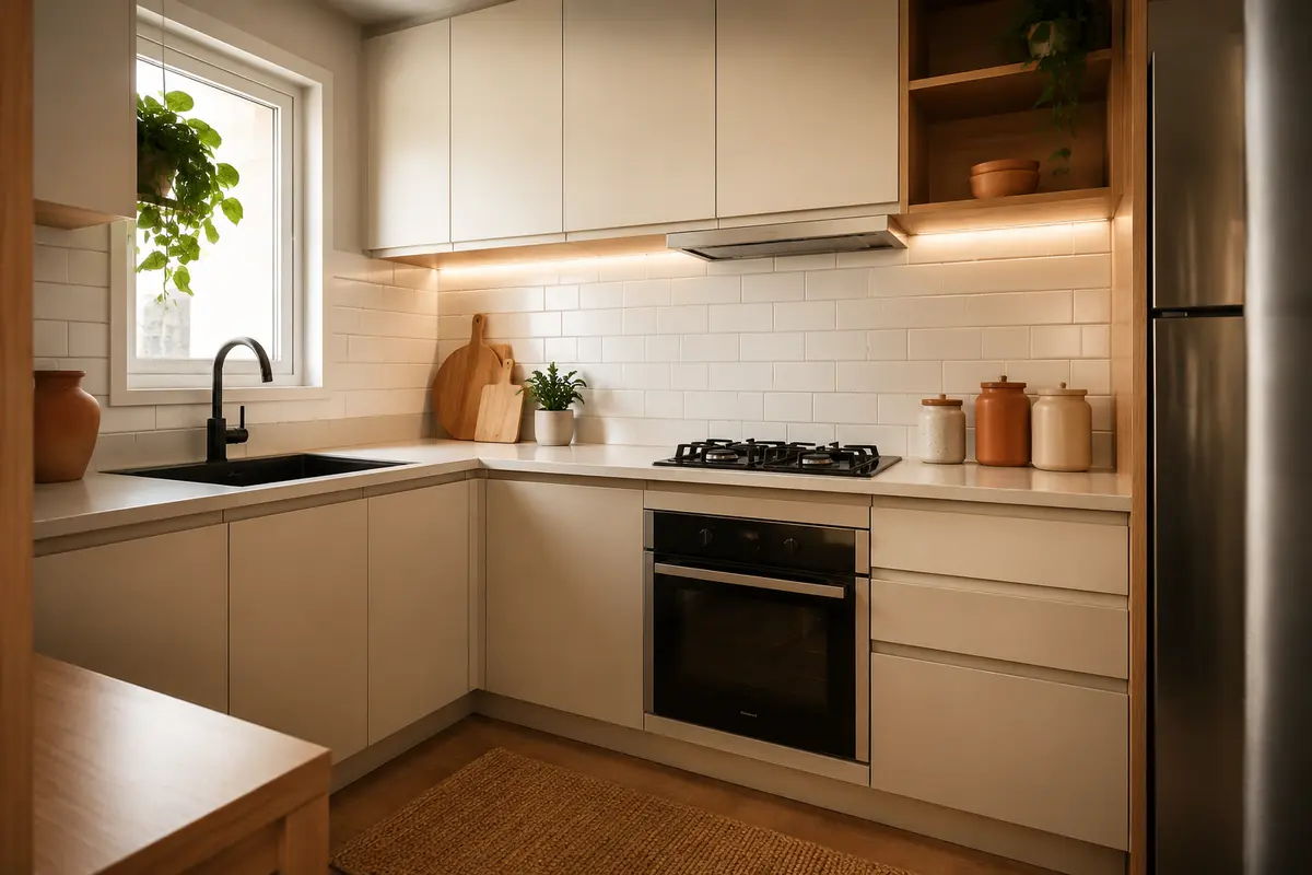 Cozinha pequena organizada com armários claros e madeira