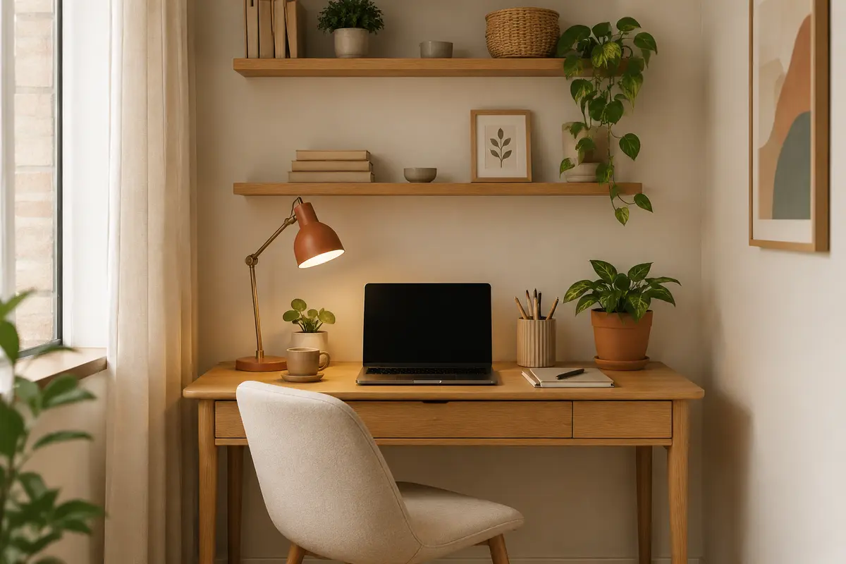 Home office compacto com mesa de madeira e plantas