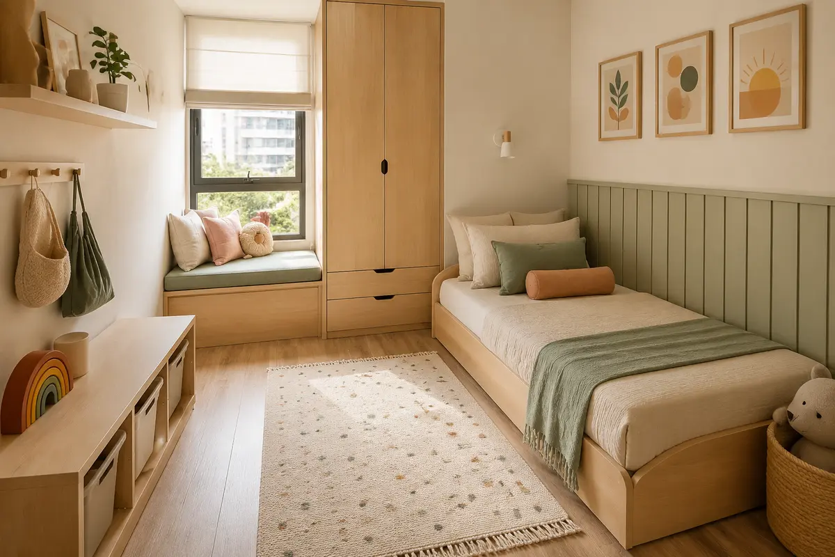 Quarto infantil pequeno, moderno e organizado em cores suaves