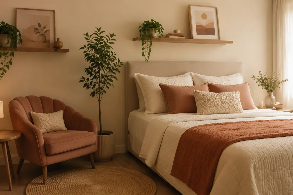 Quarto aconchegante em tons claros e terracota