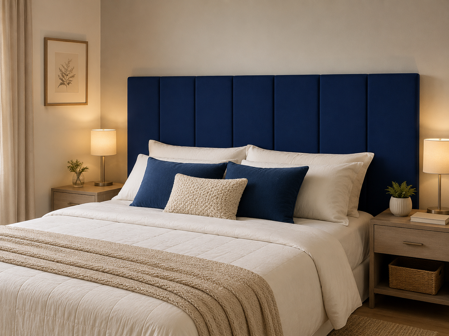 Cabeceira modular estofada para cama box casal com sete módulos