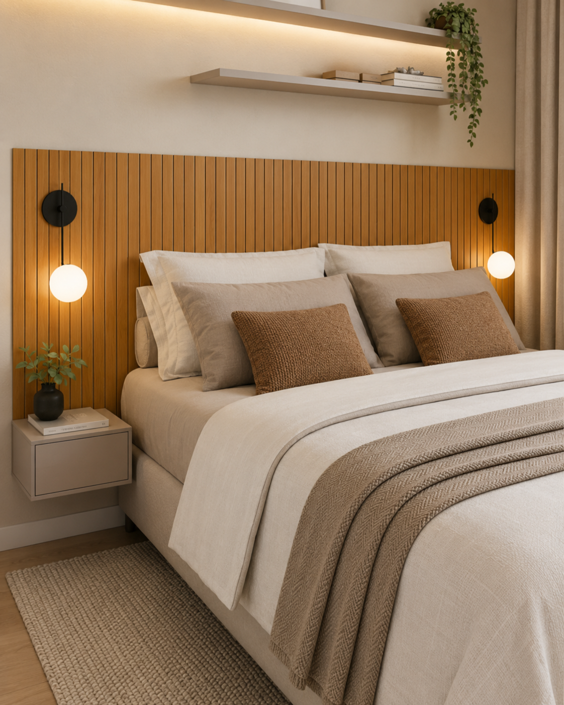 Cabeceira ripada em MDF decorando quarto com cama box