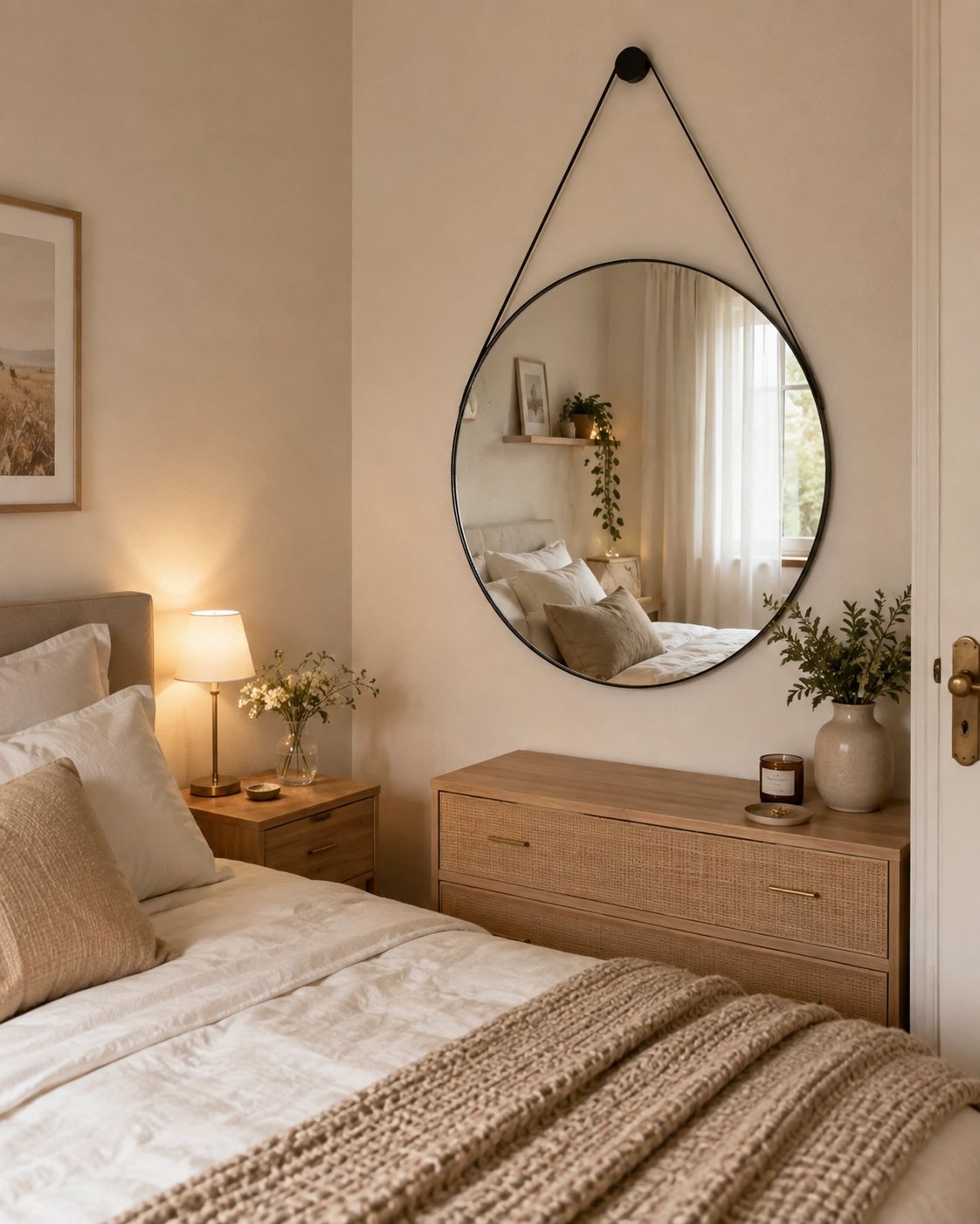 Espelho redondo 60 cm com moldura caramelo para quarto pequeno