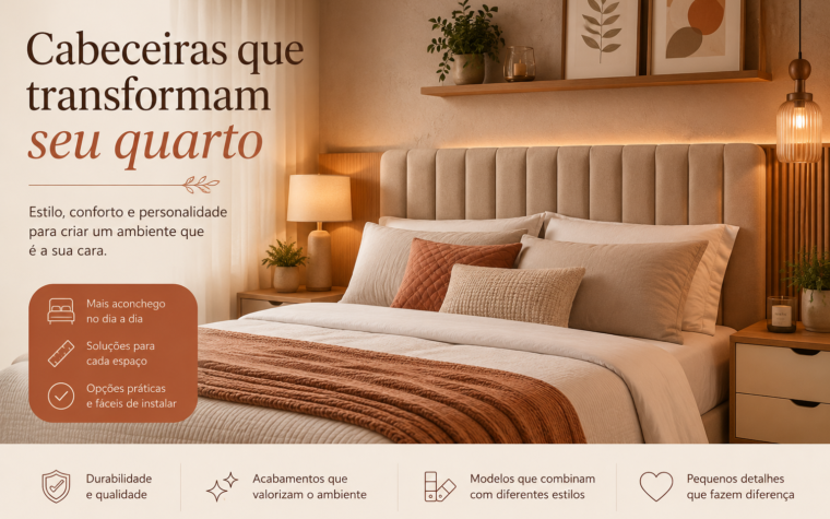 Quarto aconchegante com cabeceira estofada em tons neutros e terracota