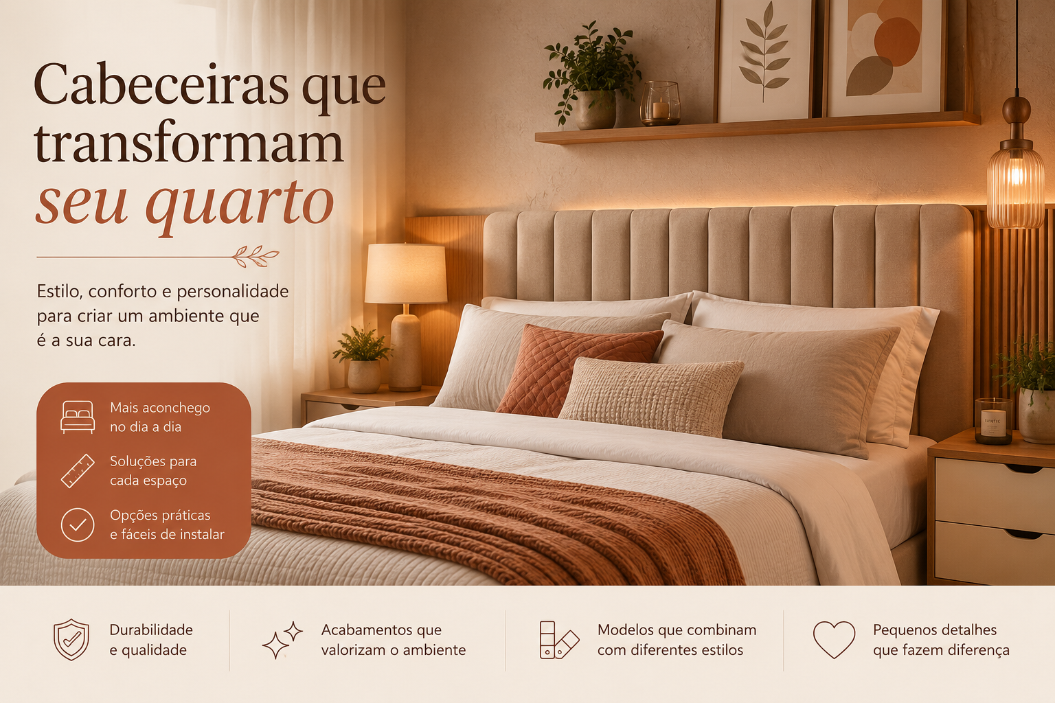 Quarto aconchegante com cabeceira estofada em tons neutros e terracota