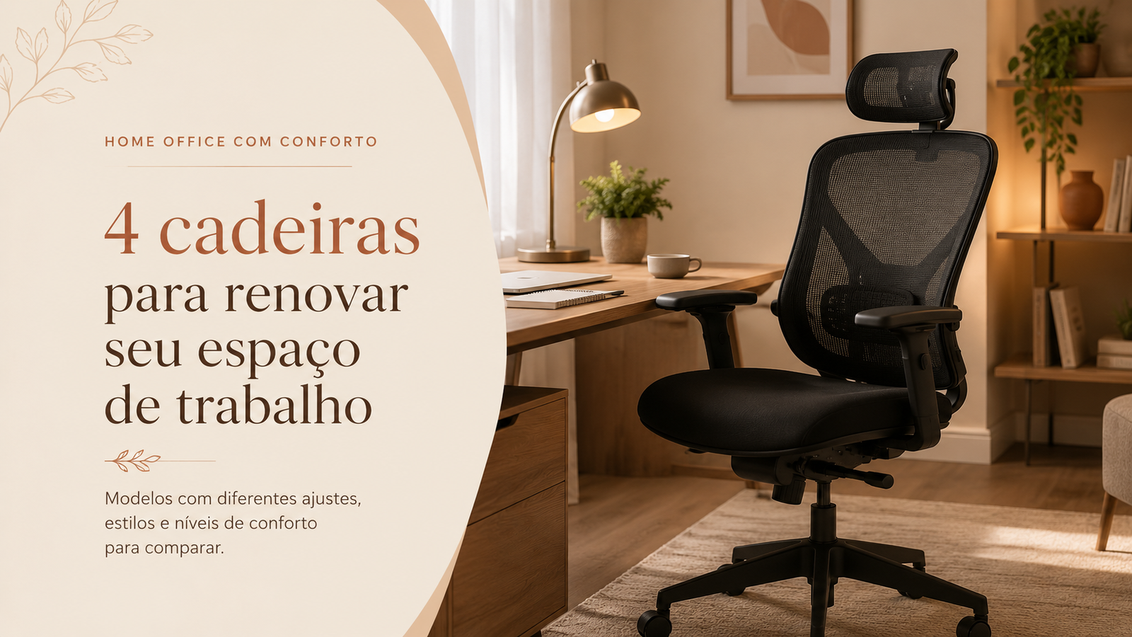 Cadeira de escritório ergonômica preta em home office aconchegante